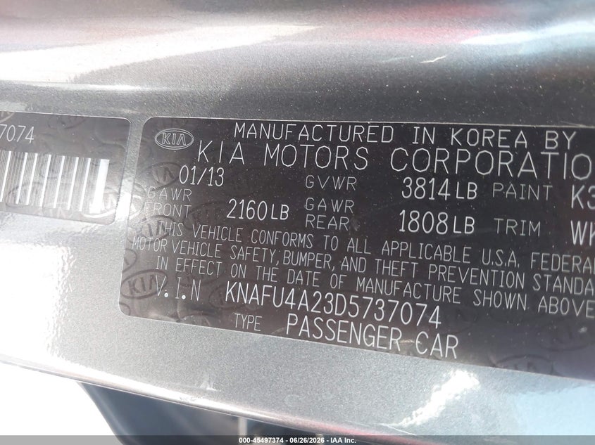 2013 Kia Forte VIN KNAFU4A23D5737074 IAAI salvage auction — REAR END, Salvage (Arizona), sold $400 on 2026-07-28 (photo 9)