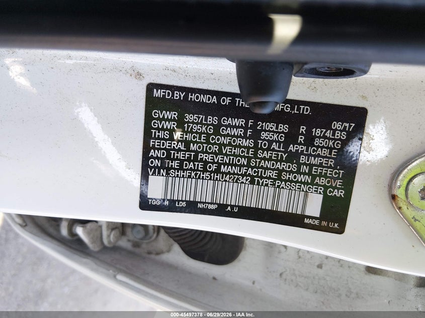 2017 Honda Civic VIN SHHFK7H51HU427342 IAAI salvage auction — NORMAL WEAR, Clear (Connecticut), sold $2,900 on 2026-07-23 (photo 9)