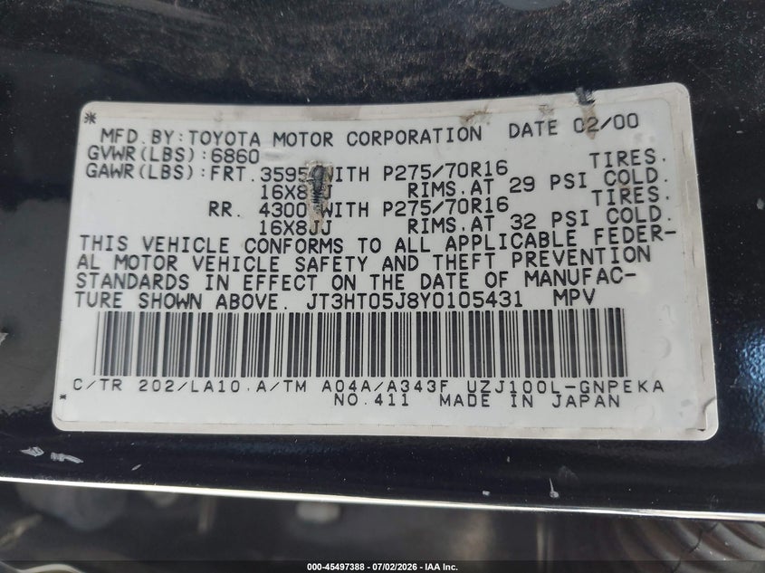 2000 Toyota Land cruiser VIN JT3HT05J8Y0105431 IAAI salvage auction — RIGHT REAR, Salvage (California), sold $5,300 on 2026-07-13 (photo 9)