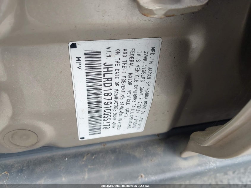 2001 Honda Cr-v VIN JHLRD18791C055178 IAAI salvage auction — RIGHT FRONT, Salvage (California), sold $575 on 2026-07-09 (photo 9)