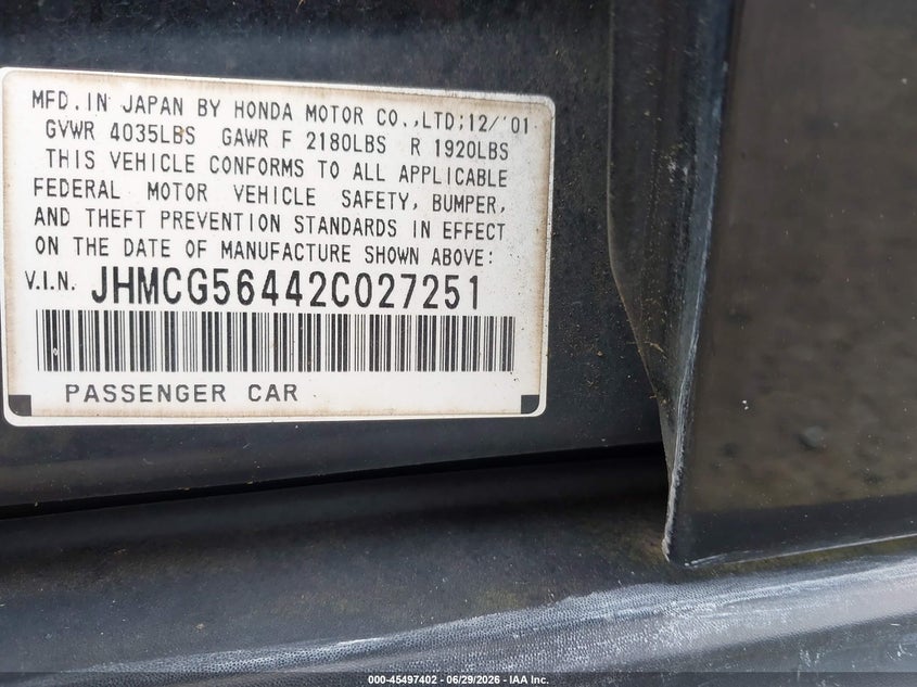 2002 Honda Accord VIN JHMCG56442C027251 IAAI salvage auction — NORMAL WEAR, Clear-Dealer Only (Oregon), sold $450 on 2026-07-15 (photo 9)