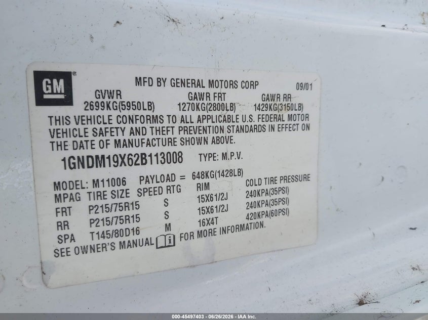2002 Chevrolet Astro VIN 1GNDM19X62B113008 IAAI salvage auction — NORMAL WEAR, Clear - Dealer Only (California), sold $725 on 2026-07-07 (photo 9)