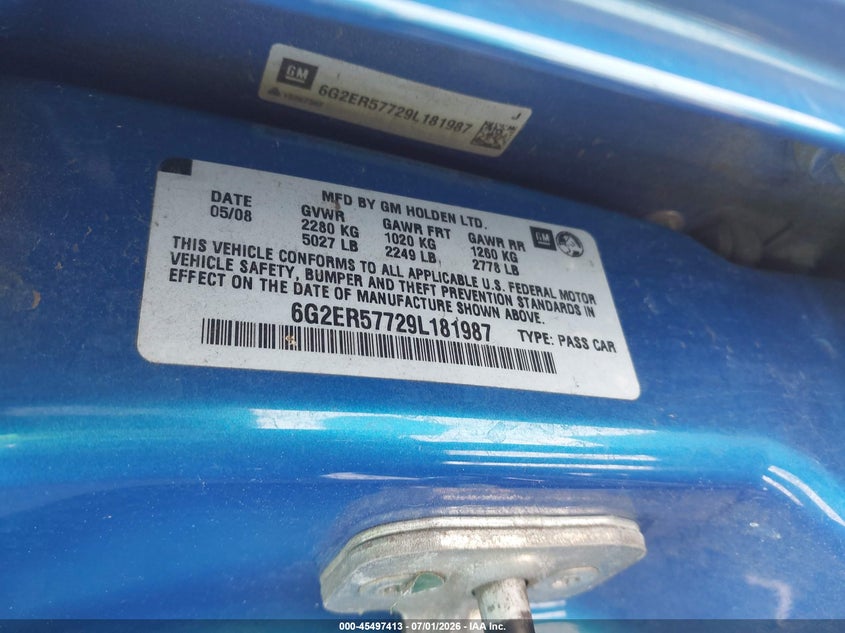 2009 Pontiac G8 VIN 6G2ER57729L181987 IAAI salvage auction — NORMAL WEAR, Clear - Dealer Only (California), sold $900 on 2026-07-27 (photo 9)