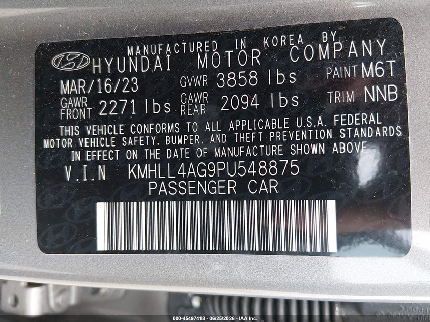 2023 Hyundai Elantra VIN KMHLL4AG9PU548875 IAAI salvage auction — NORMAL WEAR, SF97 (Oregon), sold $1,250 on 2026-07-29 (photo 9)