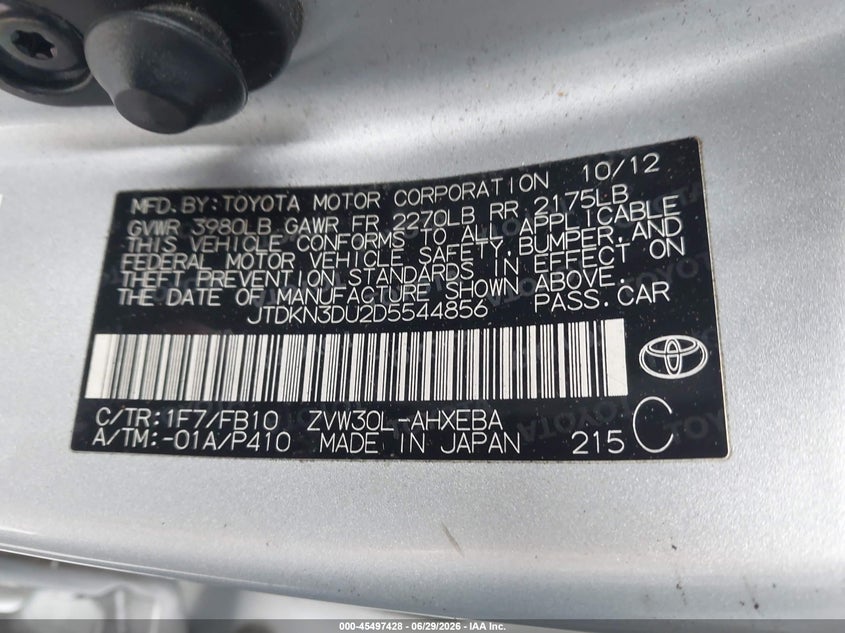 2013 Toyota Prius VIN JTDKN3DU2D5544856 IAAI salvage auction — FRONT END, Salvage (California), sold $1,050 on 2026-07-16 (photo 9)