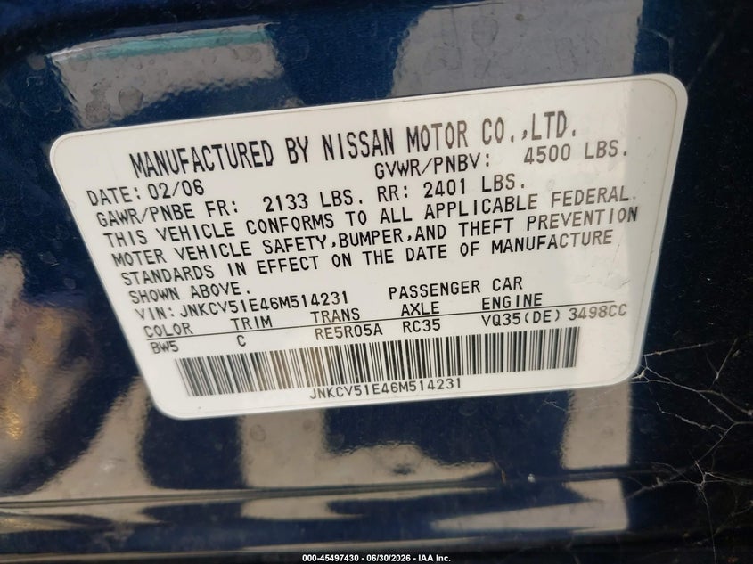 2006 Infiniti G35 VIN JNKCV51E46M514231 IAAI salvage auction — REAR END, Salvage (California), sold $725 on 2026-07-29 (photo 9)