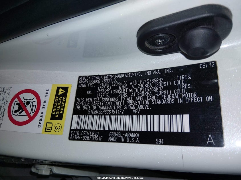 2012 Toyota Highlander VIN 5TDBK3EH8CS151172 IAAI salvage auction — FRONT END, Salvage (Idaho), sold $50 on 2026-07-29 (photo 9)