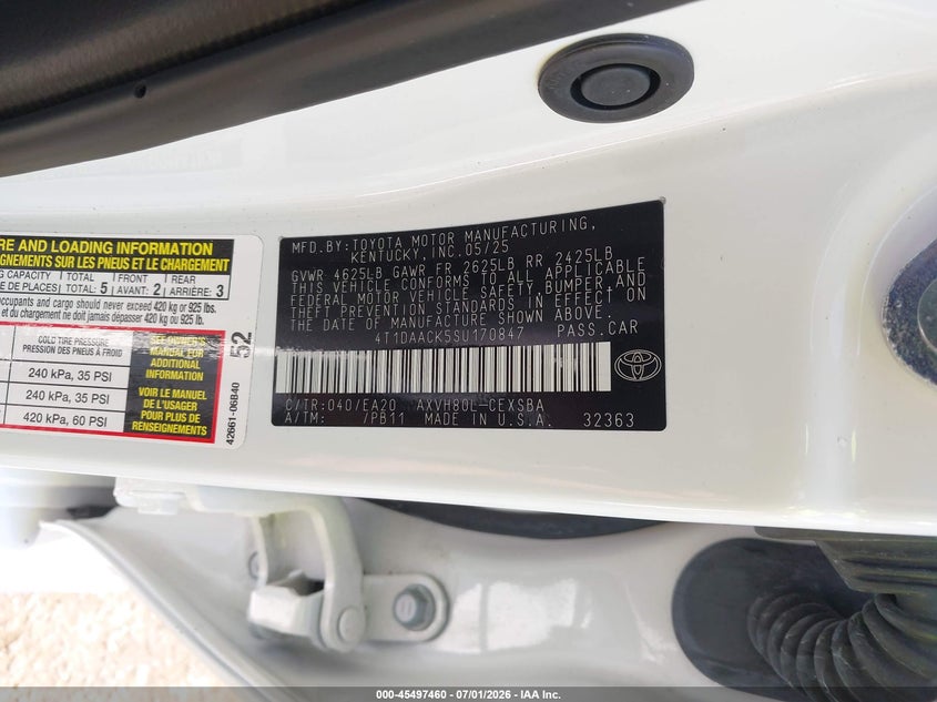 2025 Toyota Camry VIN 4T1DAACK5SU170847 IAAI salvage auction — WATER/FLOOD, Salvage Title, sold $16,000 on 2026-07-31 (photo 9)