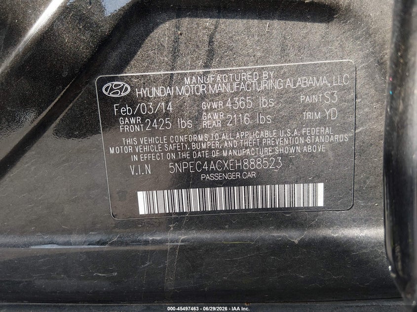 2014 Hyundai Sonata VIN 5NPEC4ACXEH888523 IAAI salvage auction — RIGHT FRONT, Salvage (Texas), sold $25 on 2026-07-29 (photo 9)