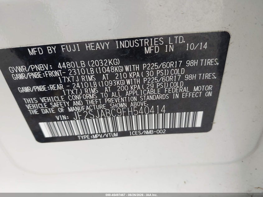 2015 Subaru Forester VIN JF2SJABC9FH540414 IAAI salvage auction — RIGHT FRONT, Salvage (California), sold $375 on 2026-07-29 (photo 9)