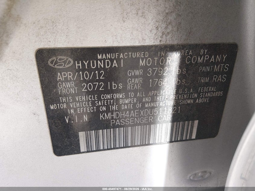 2013 Hyundai Elantra VIN KMHDH4AEXDU511821 IAAI salvage auction — FRONT END, Salvage Title, sold $850 on 2026-07-30 (photo 9)