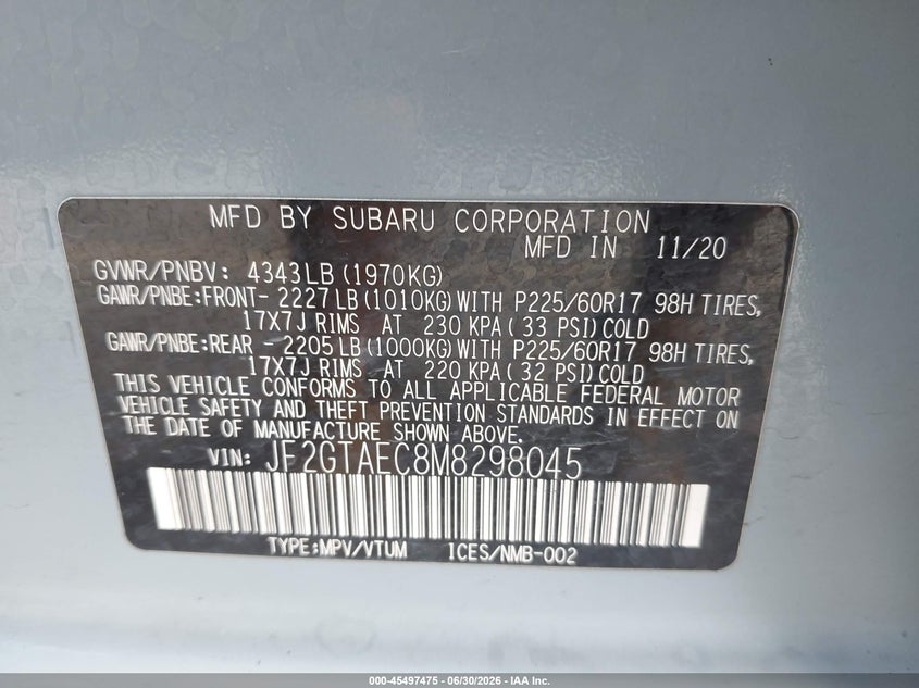 2021 Subaru Xv VIN JF2GTAEC8M8298045 IAAI salvage auction — REAR END, Salvage Title, sold $6,100 on 2026-07-31 (photo 9)