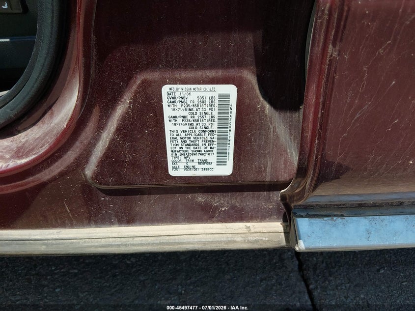 2007 Nissan Murano VIN JN8AZ08W17W621617 IAAI salvage auction — ELECTRICAL, Clear (Colorado), sold $275 on 2026-07-15 (photo 7)