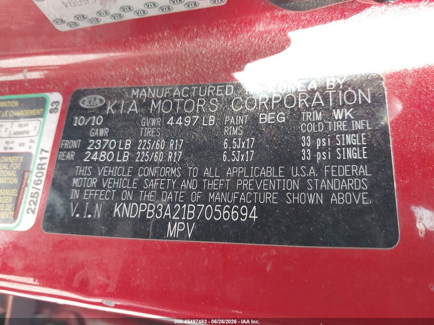 2011 Kia Sportage VIN KNDPB3A21B7056694 IAAI salvage auction — NORMAL WEAR, Clear - Dealer Only (California), sold $625 on 2026-07-21 (photo 9)