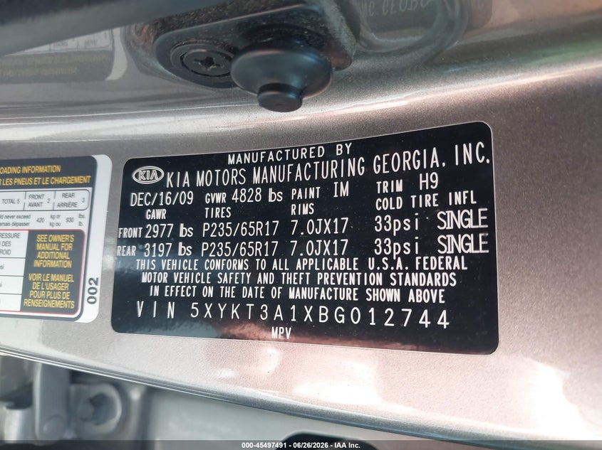 2011 Kia Sorento VIN 5XYKT3A1XBG012744 IAAI salvage auction — LEFT SIDE, Salvage Certificate (California), sold $2,100 on 2026-07-10 (photo 9)