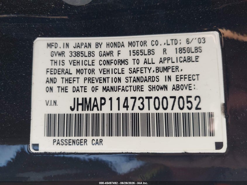 2003 Honda S2000 VIN JHMAP11473T007052 IAAI salvage auction — REAR END, Salvage (California), sold $7,800 on 2026-07-31 (photo 9)