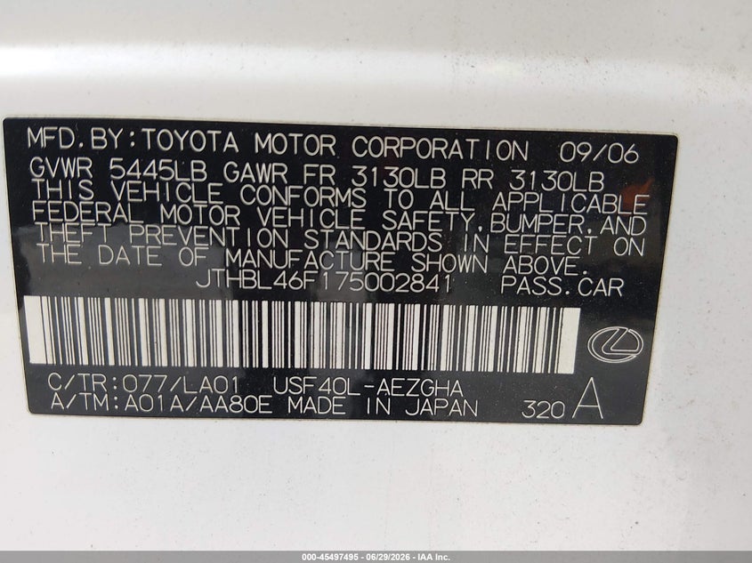 2007 Lexus Ls 460 VIN JTHBL46F175002841 IAAI salvage auction — REAR END, Salvage (North Carolina), sold $1,200 on 2026-07-09 (photo 9)