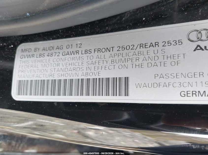 2012 Audi A6 VIN WAUDFAFC3CN119219 IAAI salvage auction — NORMAL WEAR, Clear (Virginia), sold $650 on 2026-07-27 (photo 9)