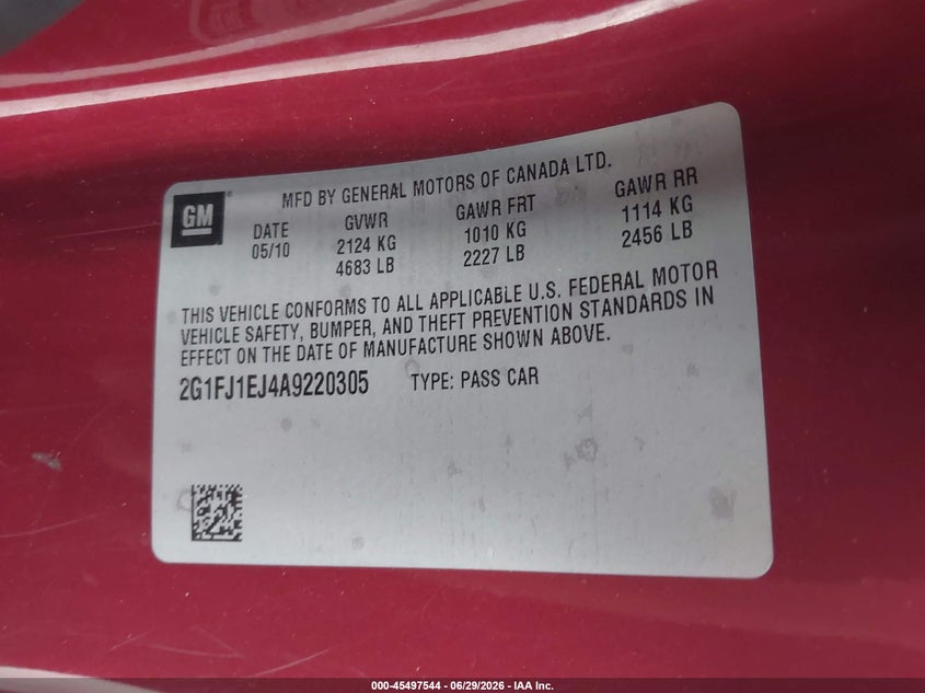 2010 Chevrolet Camaro VIN 2G1FJ1EJ4A9220305 IAAI salvage auction — NORMAL WEAR, Clear (Georgia), sold $3,400 on 2026-07-27 (photo 9)