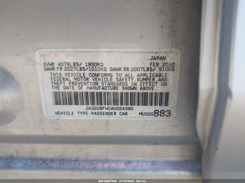 2010 Mitsubishi Lancer VIN JA32U8FW0AU024380 IAAI salvage auction — NORMAL WEAR, Clear (New York), sold $500 on 2026-07-07 (photo 9)
