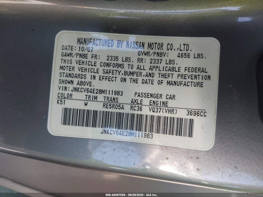 2008 Infiniti G37 VIN JNKCV64E28M111983 IAAI salvage auction — LEFT SIDE, Salvage (California), sold $2,600 on 2026-07-20 (photo 9)