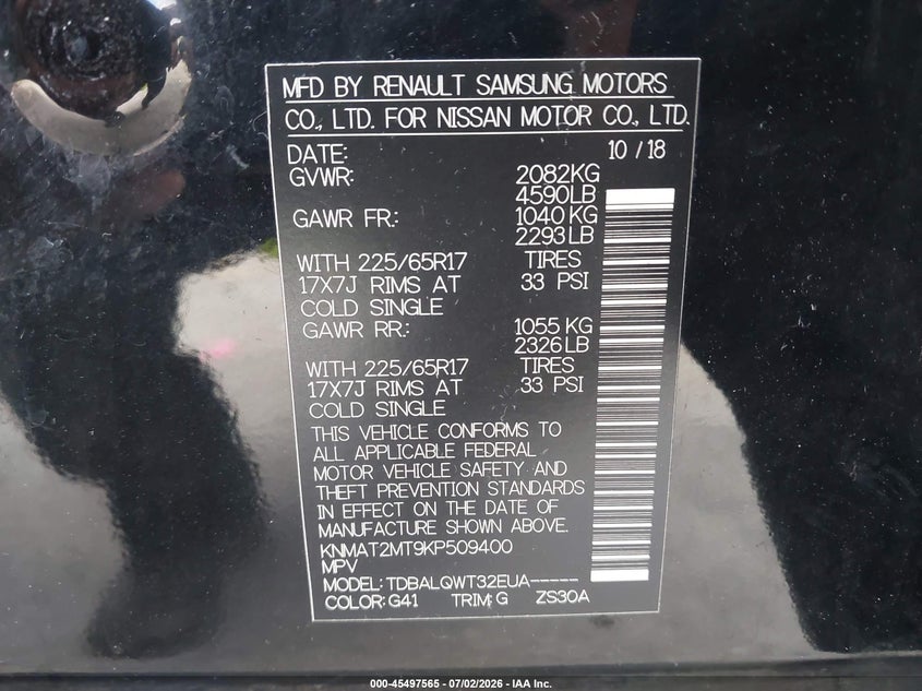 2019 Nissan Rogue VIN KNMAT2MT9KP509400 IAAI salvage auction — LEFT FRONT, Rebuildable (Florida), sold $1,600 on 2026-07-27 (photo 9)