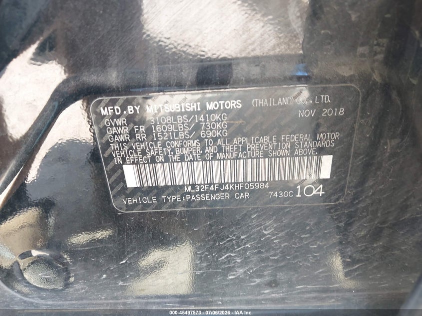 2019 Mitsubishi Mirage VIN ML32F4FJ4KHF05984 IAAI salvage auction — LEFT FRONT, Wait Title, sold $775 on 2026-08-31 (photo 9)