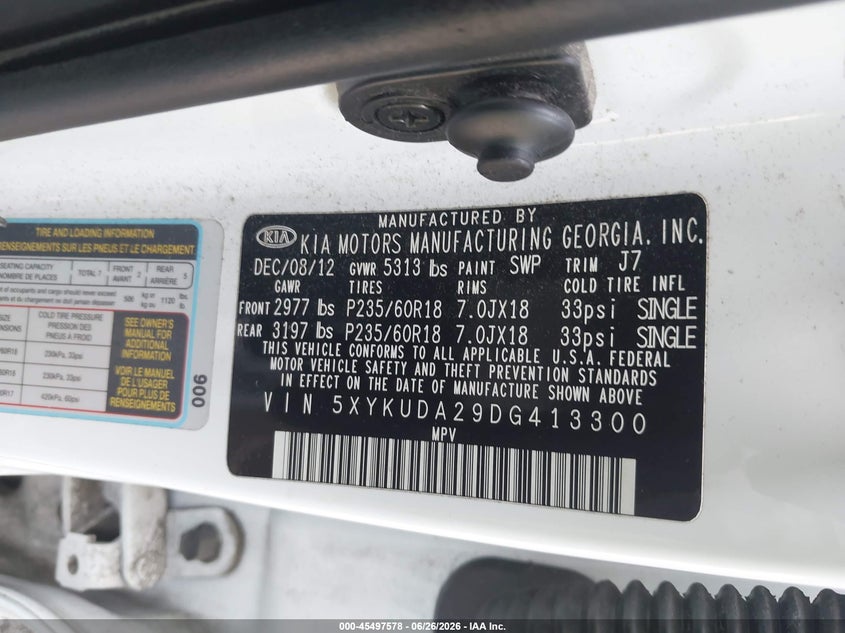 2013 Kia Sorento VIN 5XYKUDA29DG413300 IAAI salvage auction — NORMAL WEAR, Clear (Virginia), sold $675 on 2026-07-28 (photo 9)