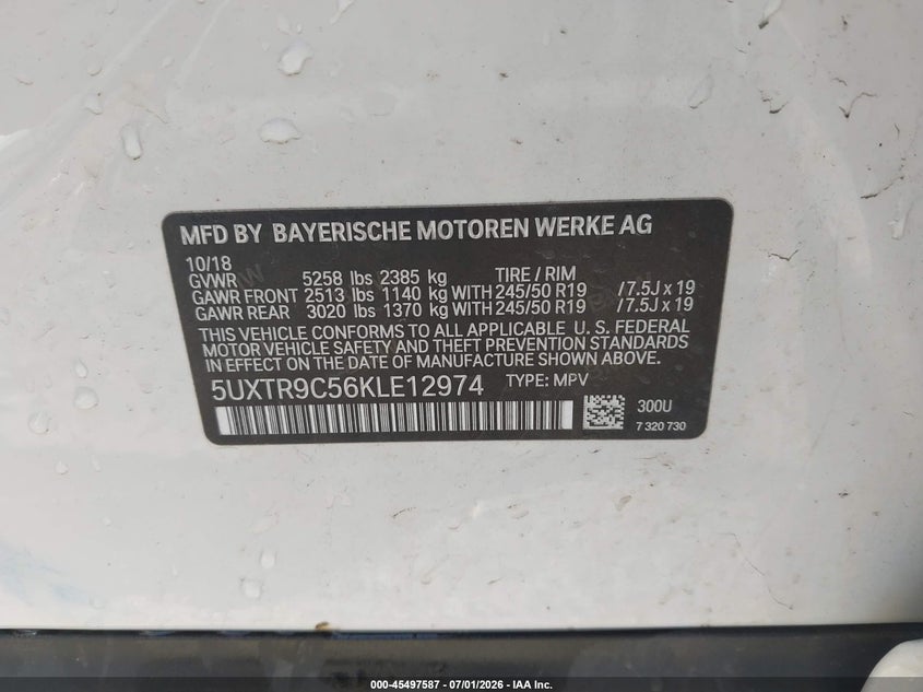 2019 BMW X3 VIN 5UXTR9C56KLE12974 IAAI salvage auction — FRONT END, Salvage Title, sold $3,150 on 2026-08-02 (photo 9)