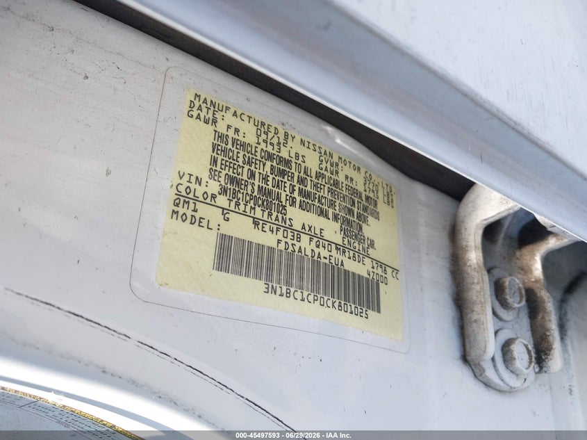 2012 Nissan Versa VIN 3N1BC1CP0CK801025 IAAI salvage auction — REAR END, Salvage Certificate (California), sold $500 on 2026-09-04 (photo 9)
