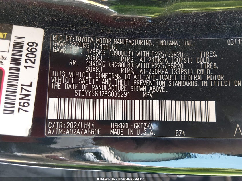 2011 Toyota Sequoia VIN 5TDYY5G12BS035291 IAAI salvage auction — NORMAL WEAR, Clear (Alabama), sold $3,800 on 2026-07-20 (photo 9)