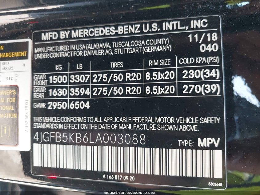 2020 Mercedes-benz Gle VIN 4JGFB5KB6LA003088 IAAI salvage auction — FRESH WATER, Salvage Title, sold $25 on 2026-08-31 (photo 9)