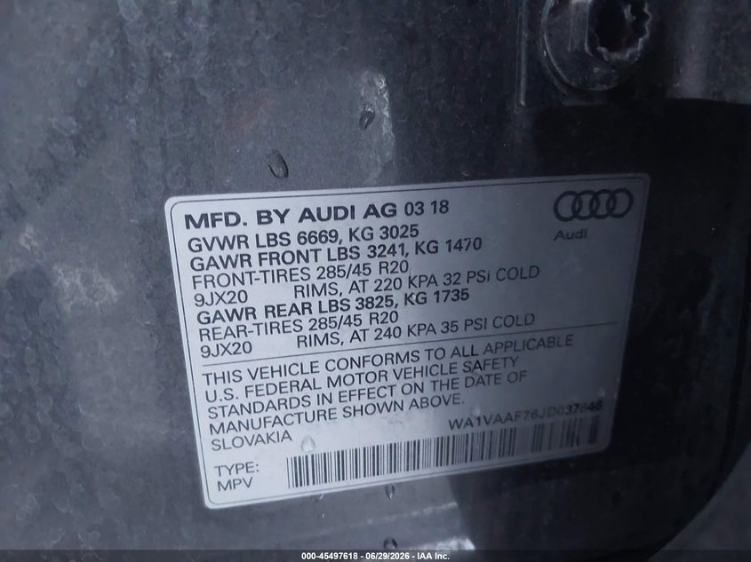 2018 Audi Q7 VIN WA1VAAF76JD037846 IAAI salvage auction — LEFT FRONT, Salvage (California), sold $8,700 on 2026-07-28 (photo 9)
