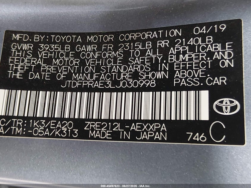 2020 Toyota Corolla VIN JTDFPRAE3LJ030998 IAAI salvage auction — LEFT SIDE, Bill Of Sale (Washington), sold $6,350 on 2026-07-15 (photo 9)