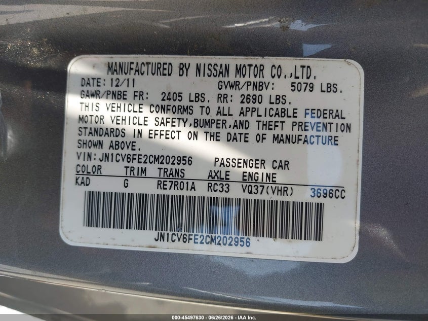 2012 Infiniti G37 VIN JN1CV6FE2CM202956 IAAI salvage auction — SIDE, Repossession Paperwork (Georgia), sold $2,550 on 2026-07-23 (photo 9)