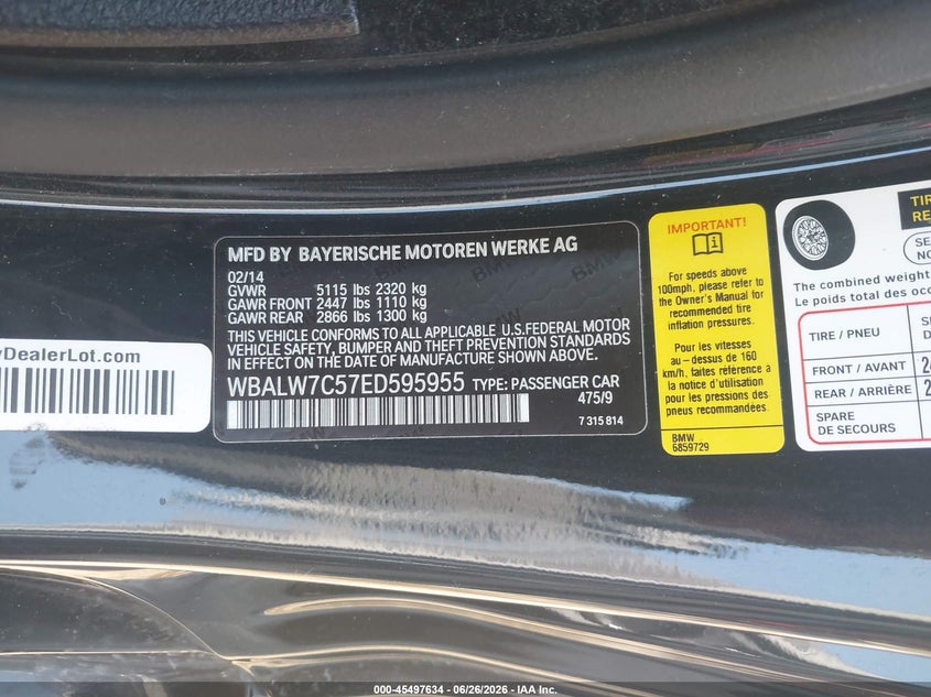 2014 BMW 6er VIN WBALW7C57ED595955 IAAI salvage auction — NORMAL WEAR, Clear - Dealer Only (California), sold $2,925 on 2026-07-28 (photo 9)