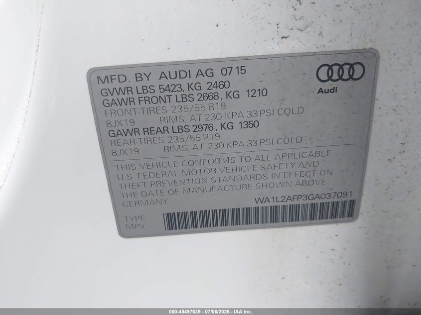 2016 Audi Q5 VIN WA1L2AFP3GA037091 IAAI salvage auction — FRONT END, Mv-907A (New York), sold $1,050 on 2026-07-14 (photo 9)