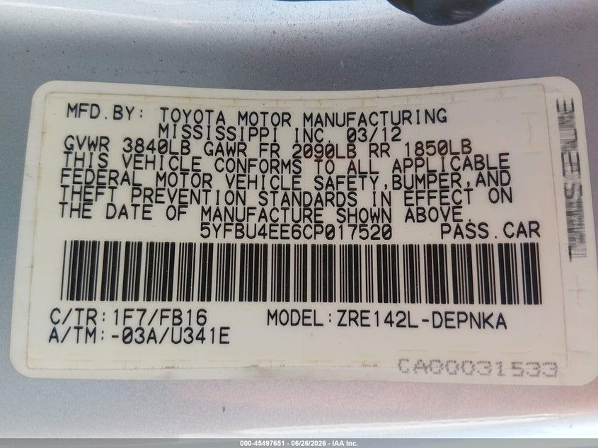 2012 Toyota Corolla VIN 5YFBU4EE6CP017520 IAAI salvage auction — FRONT END, Salvage (California), sold $2,550 on 2026-07-21 (photo 9)