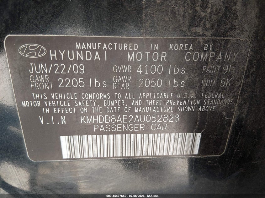 2010 Hyundai Elantra VIN KMHDB8AE2AU052823 IAAI salvage auction — NORMAL WEAR, Affidavit In Lieu Of Title - Non-Public (Washington), sold $1,025 on 2026-07-15 (photo 9)