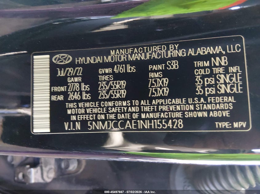 2022 Hyundai Tucson VIN 5NMJCCAE1NH155428 IAAI salvage auction — LEFT FRONT, Salvage (Arizona), sold $5,200 on 2026-07-10 (photo 9)