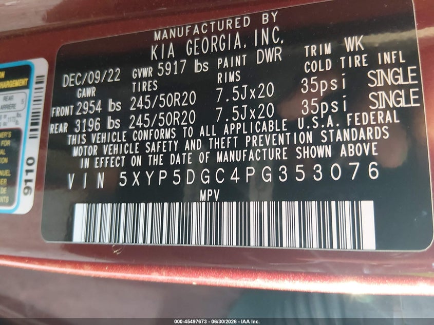 2023 Kia Telluride VIN 5XYP5DGC4PG353076 IAAI salvage auction — RIGHT SIDE, Salvage (Texas), sold $7,700 on 2026-07-28 (photo 9)