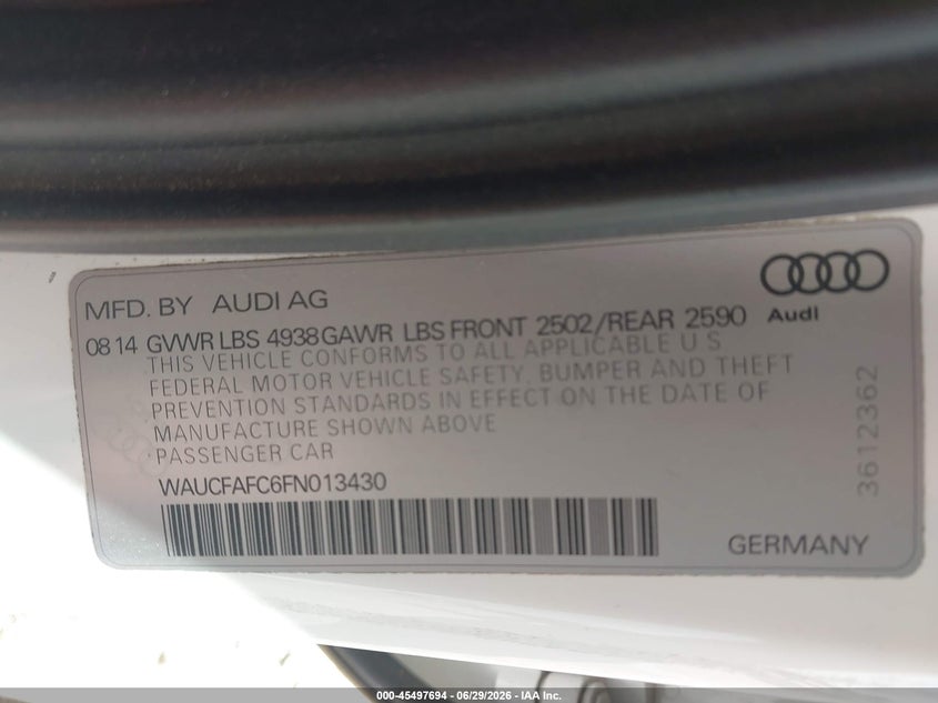2015 Audi A6 VIN WAUCFAFC6FN013430 IAAI salvage auction — REAR END, Salvage (Texas), sold $1,250 on 2026-07-11 (photo 9)