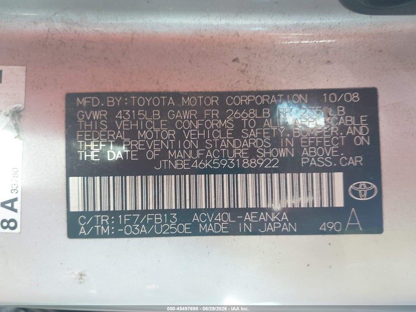 2009 Toyota Camry VIN JTNBE46K593188922 IAAI salvage auction — NORMAL WEAR, Clear (Alabama), sold $200 on 2026-07-28 (photo 9)