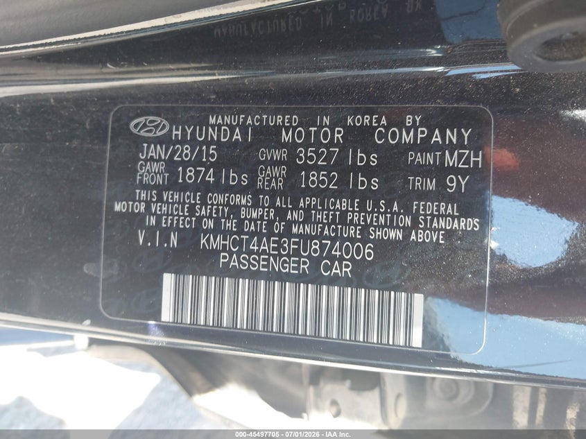 2015 Hyundai Accent VIN KMHCT4AE3FU874006 IAAI salvage auction — REAR END, Salvage (Arizona), sold $825 on 2026-07-23 (photo 9)
