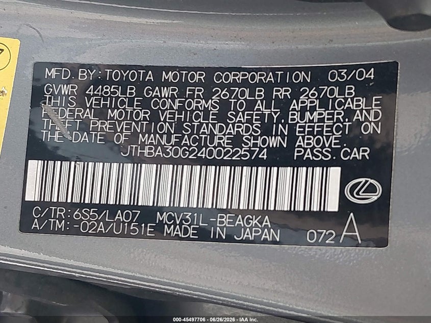 2004 Lexus ES VIN JTHBA30G240022574 IAAI salvage auction — NORMAL WEAR, Clear - Dealer Only (California), sold $875 on 2026-07-15 (photo 9)