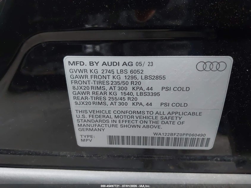 2023 Audi Q4 sportback e-tron VIN WA122BFZ0PP060490 IAAI salvage auction — FRONT END, Salvage Certificate (California), sold $9,200 on 2026-09-09 (photo 9)