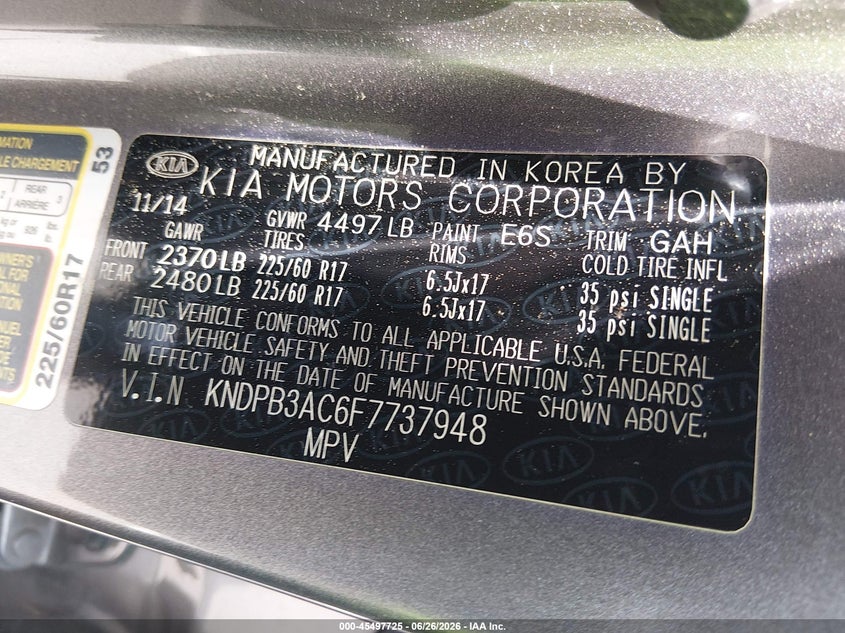 2015 Kia Sportage VIN KNDPB3AC6F7737948 IAAI salvage auction — NORMAL WEAR, Clear (North Carolina), sold $1,550 on 2026-07-29 (photo 9)