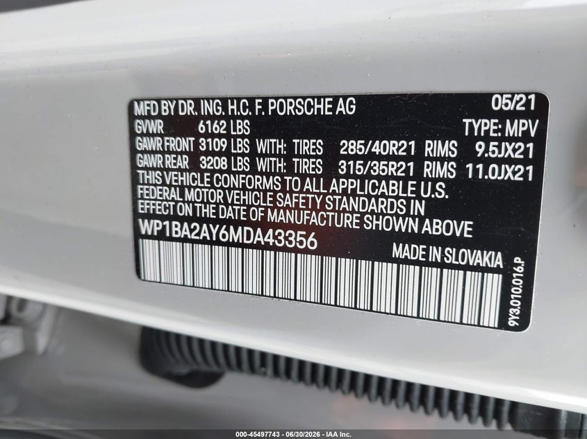 2021 Porsche Cayenne coupe VIN WP1BA2AY6MDA43356 IAAI salvage auction — FRONT END, Salvage Title, sold $20,200 on 2026-07-21 (photo 9)
