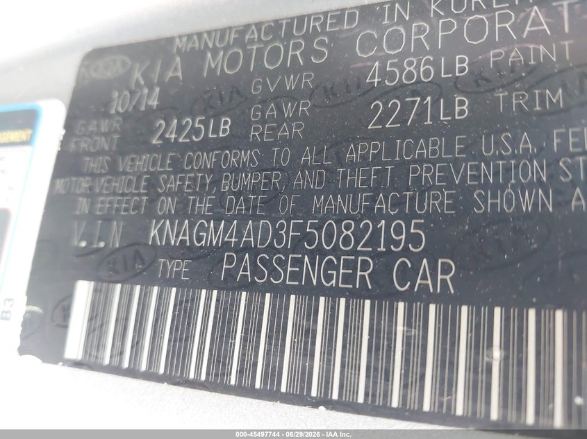 2015 Kia Optima VIN KNAGM4AD3F5082195 IAAI salvage auction — NORMAL WEAR, Salvage Title, sold $875 on 2026-07-14 (photo 9)