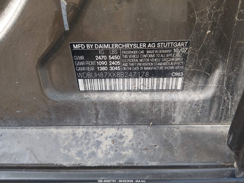 2008 Mercedes-benz E-class VIN WDBUH87XX8B247178 IAAI salvage auction — NORMAL WEAR, Clear (Illinois), sold $450 on 2026-07-29 (photo 9)